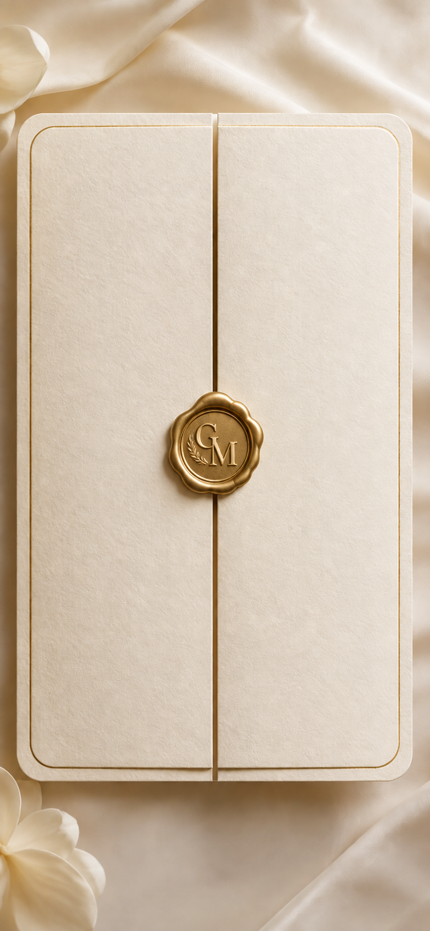 Ivory wedding invitation sealed with the initials GM